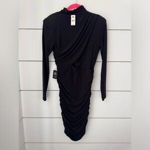 Express NWT M Black Ruched Mock Neck Strong Shoulder Back Cutout Mini Dress